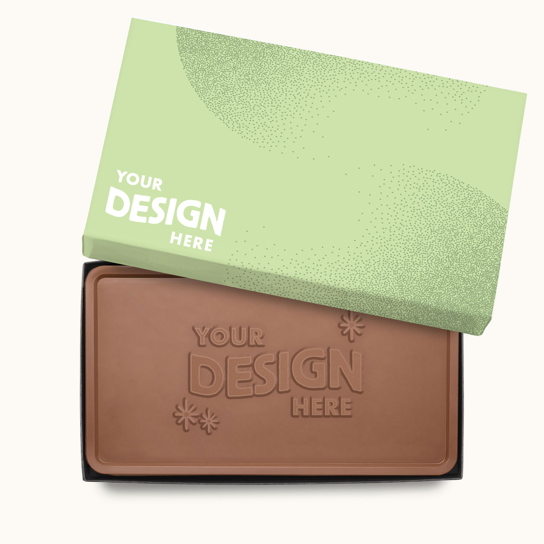 **Alt text:** 8oz engraved chocolate bar in luxury packaging featuring a customizable Your Design Here chocolate design