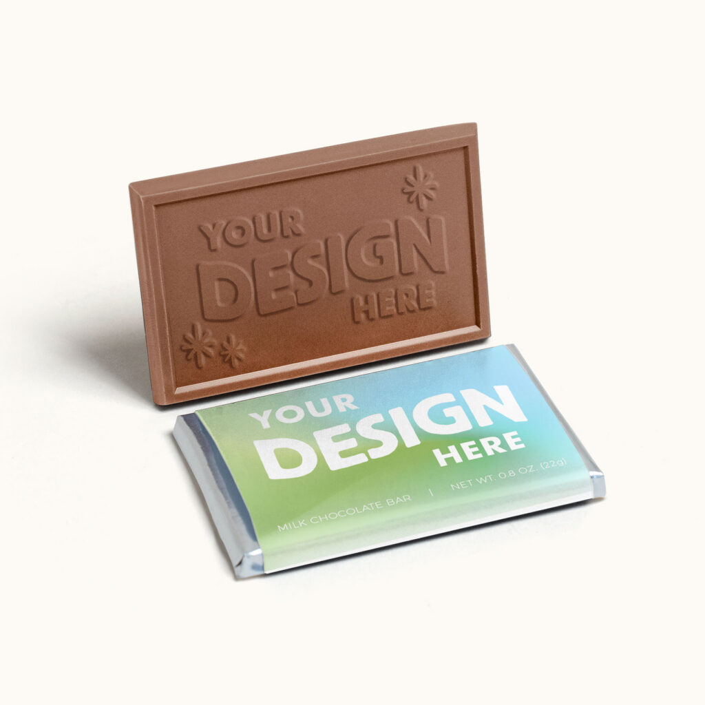 2" x 3" engraved chocolate wrapper bar with “Your Design Here” design
