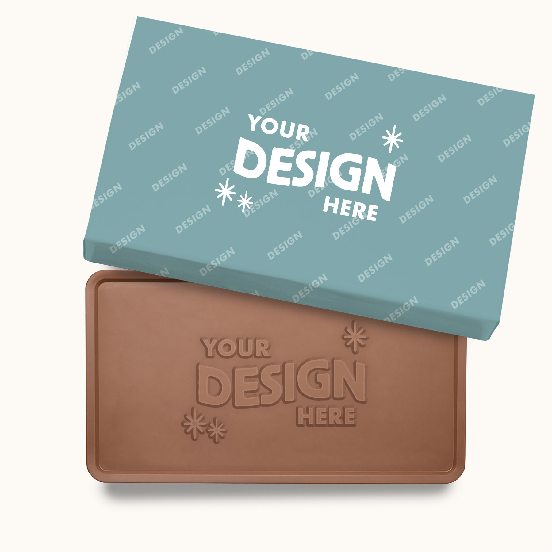 Giant 2lb engraved chocolate bar with luxury custom packaging featuring a customizable Your Design Here chocolate design