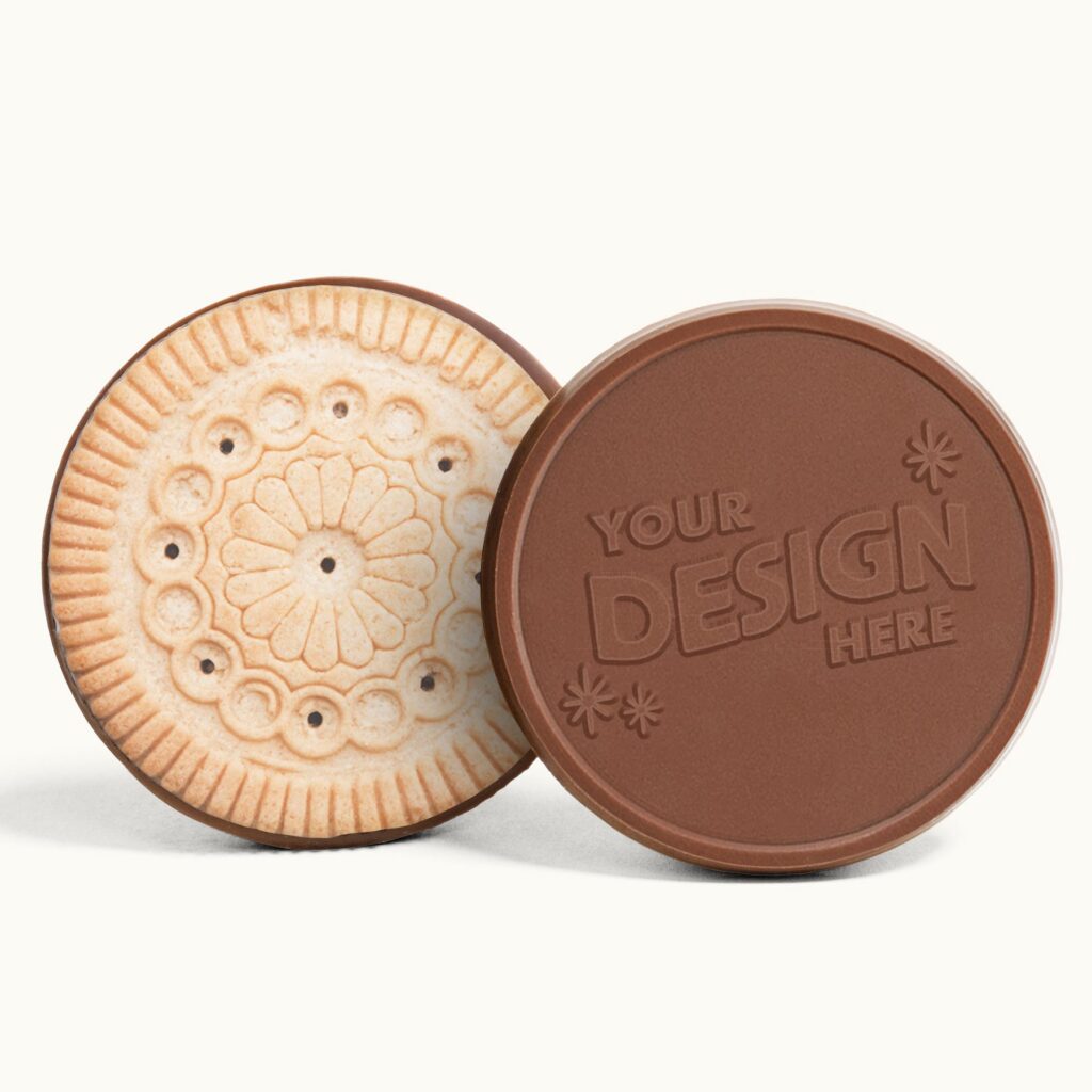 3.2" large sugar cookie with engraved chocolate featuring “Your Design Here”