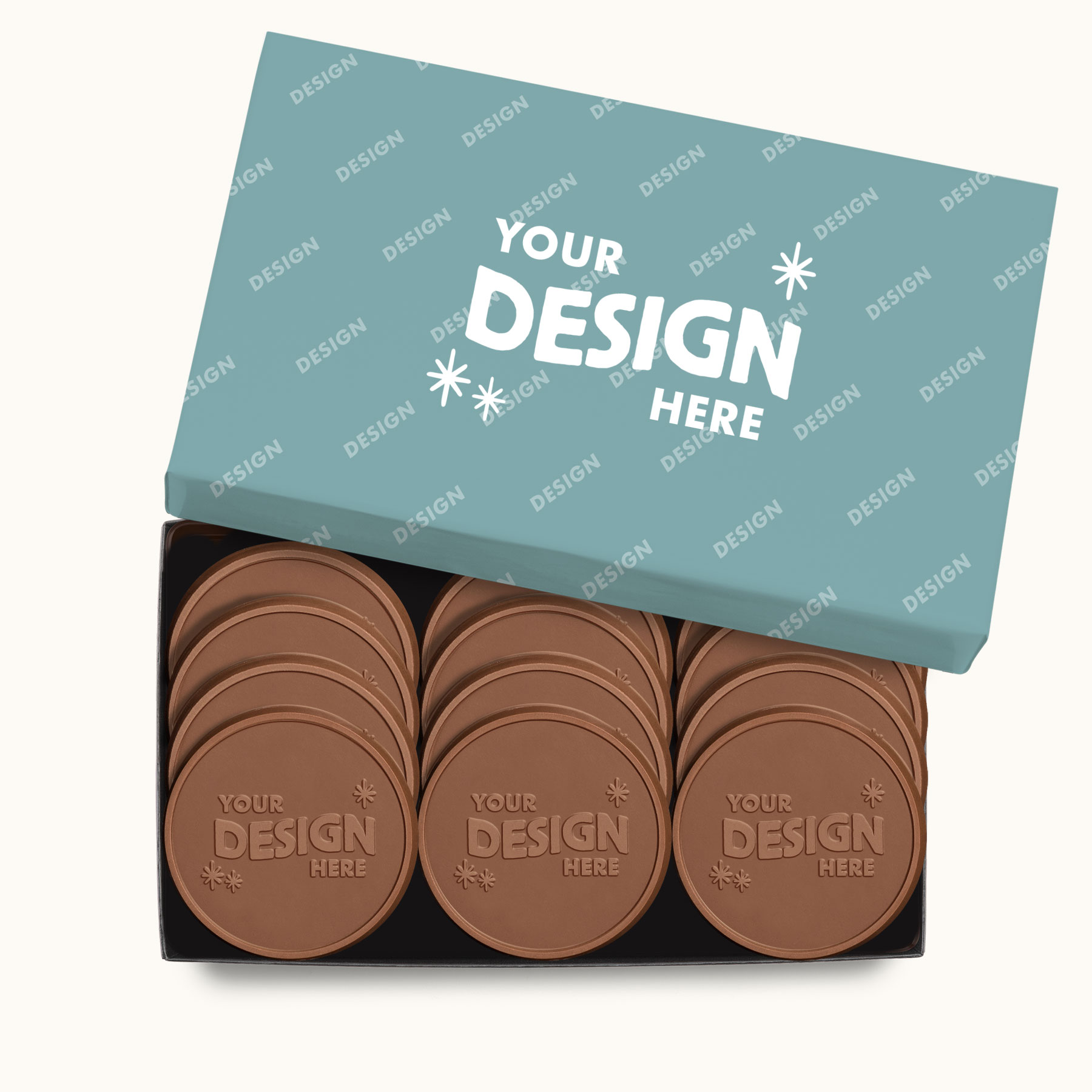 12-piece gourmet chocolate cookie gift set in luxury packaging featuring a customizable Your Design Here design