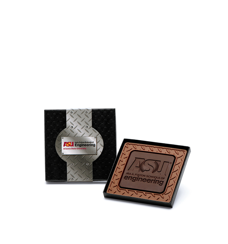 Custom small 4x4 combo bar engraved Belgian chocolate with logo