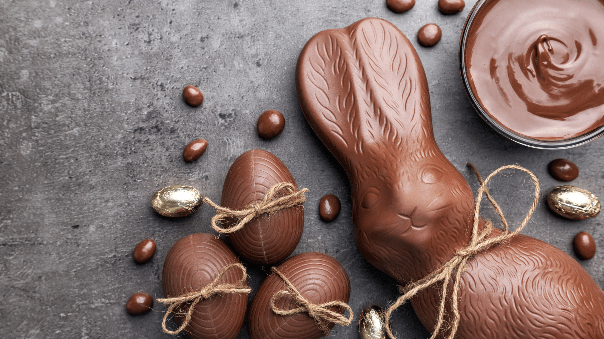 Image of Easter chocolate bunny and eggs on countertop