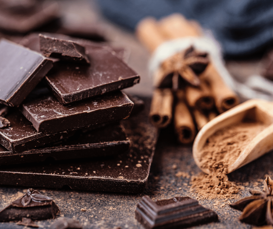 Image of chocolate on table with cocoa sprinkled around