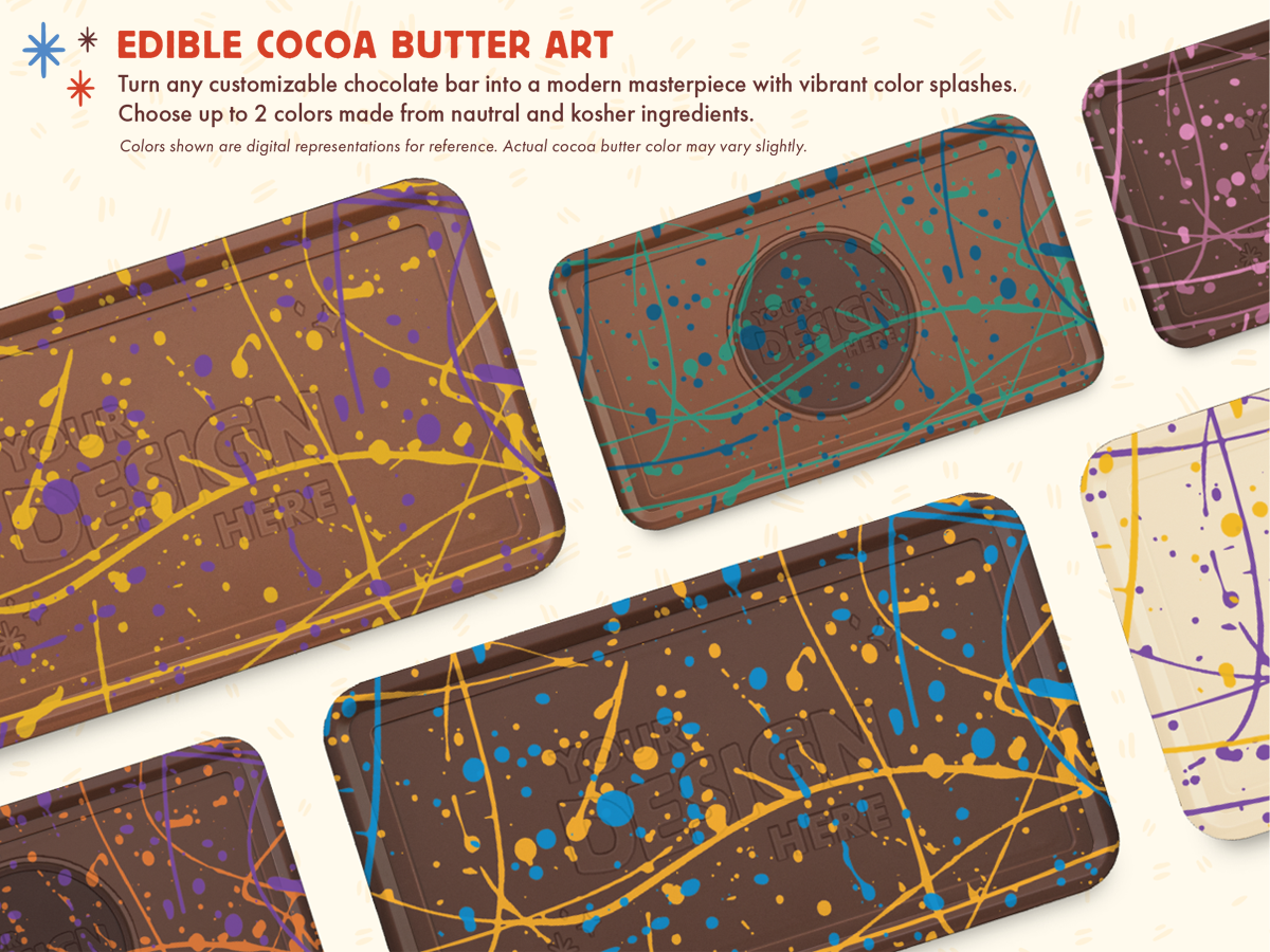 Custom edible cocoa butter art for decorating chocolate