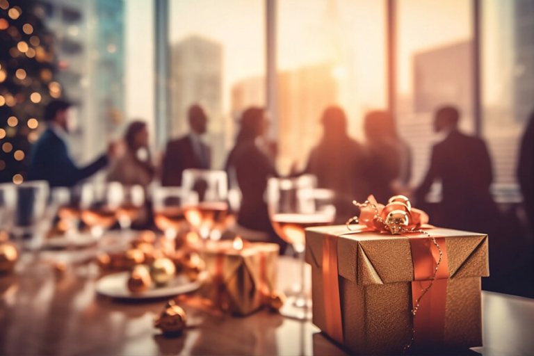 Wrapped gift, festive tree, smiling colleagues