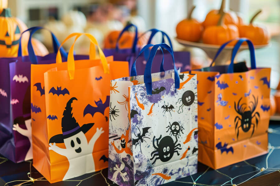 Halloween-themed bags featuring festive designs, perfect for gifting to coworkers during the Halloween season