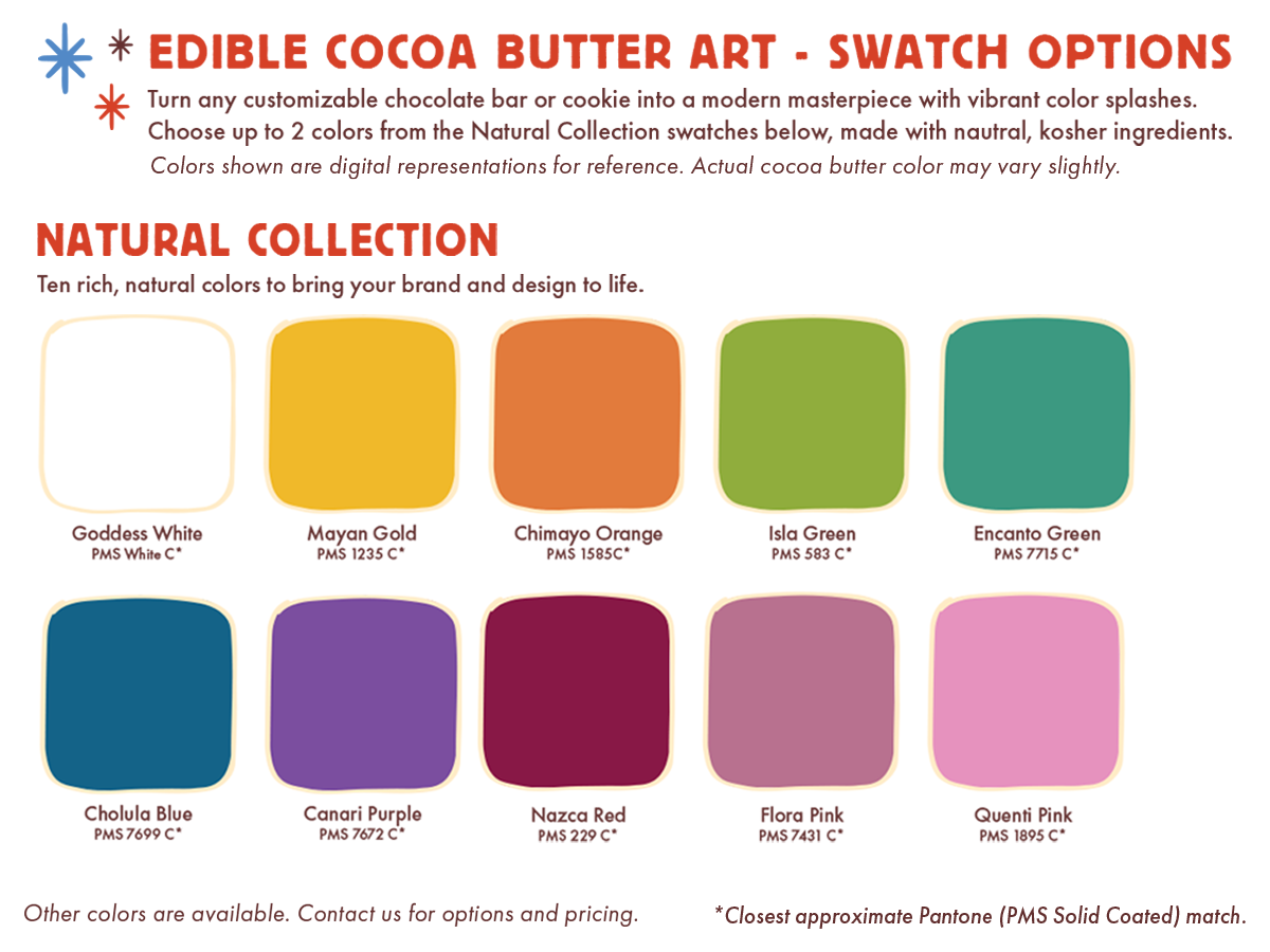 Natural edible cocoa butter color swatches for custom chocolate designs