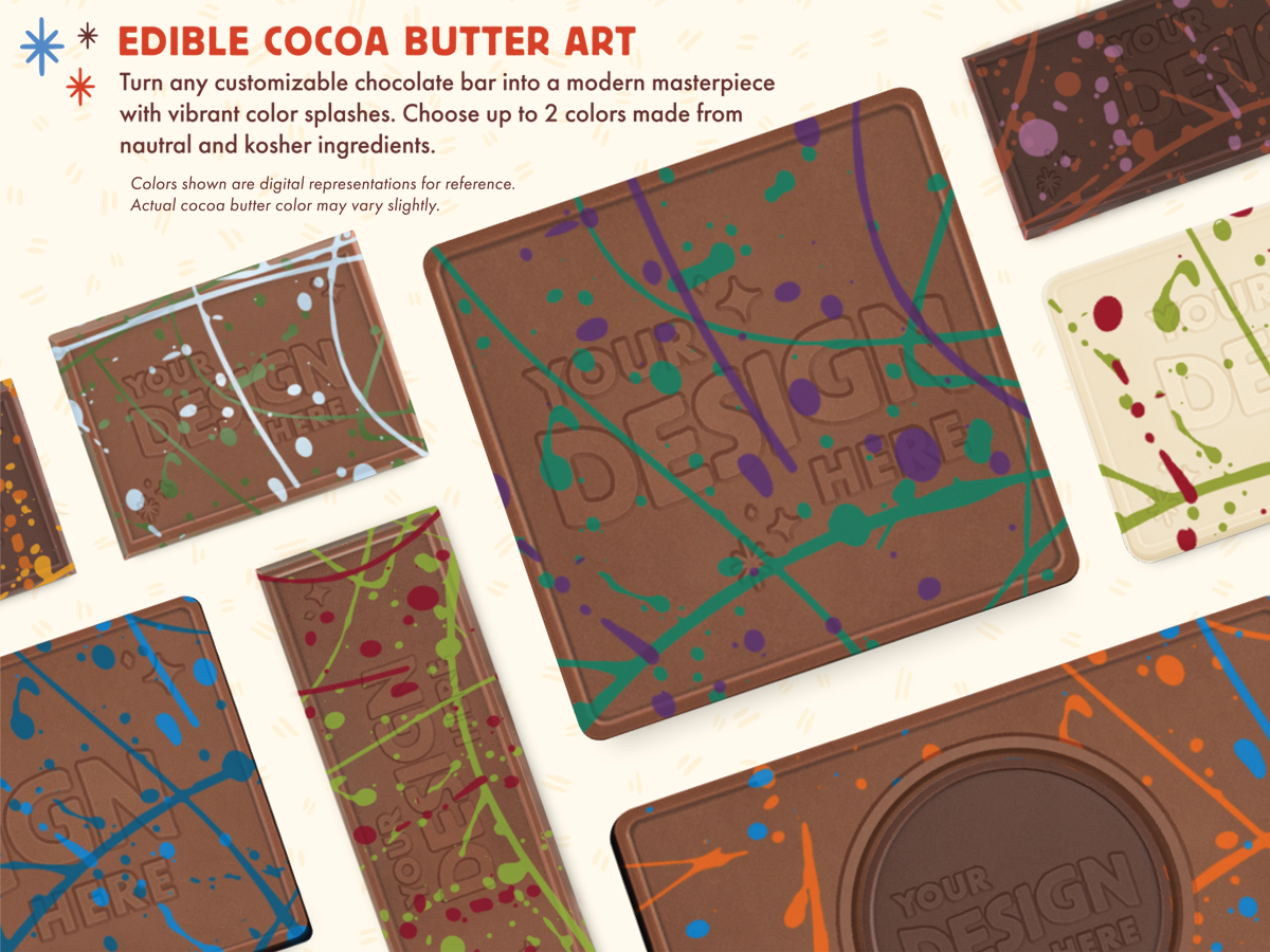 Custom edible cocoa butter art for decorating chocolate