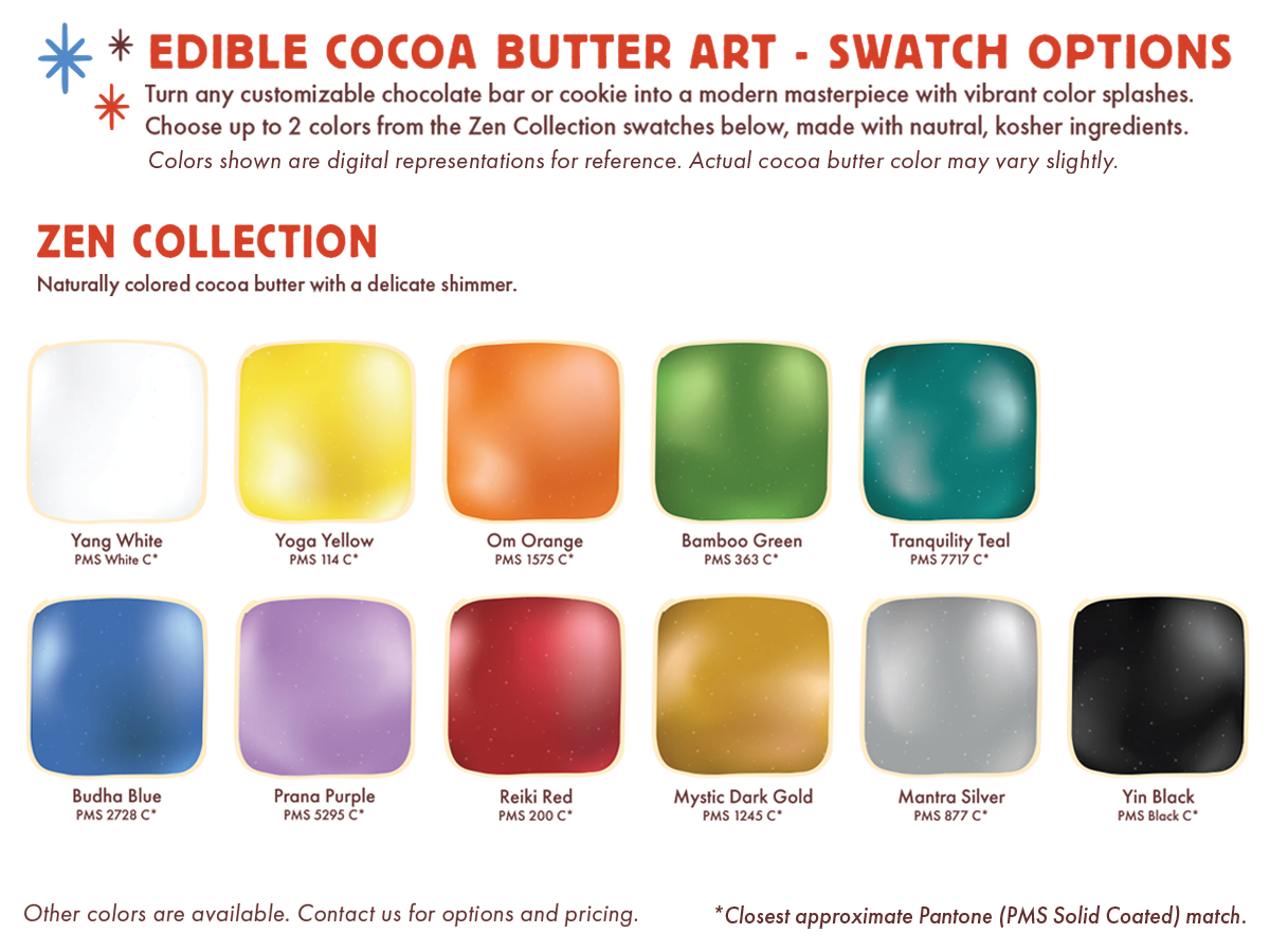 Zen edible cocoa butter color swatches for custom chocolate designs