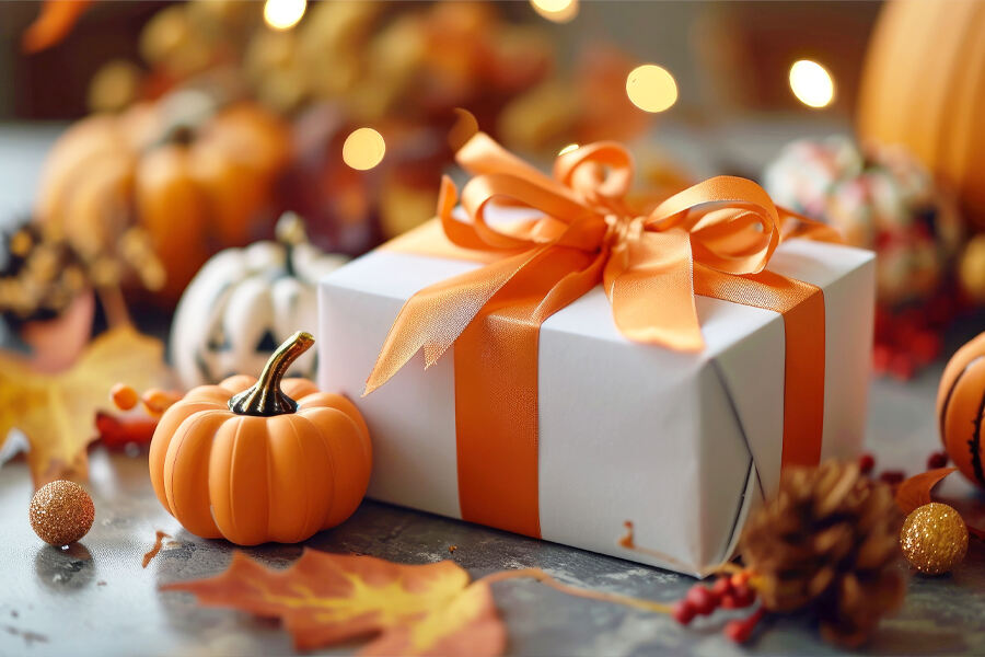 An assortment of pumpkins next to a beautifully wrapped orange and white gift box tied with a ribbon, evoking seasonal cheer.