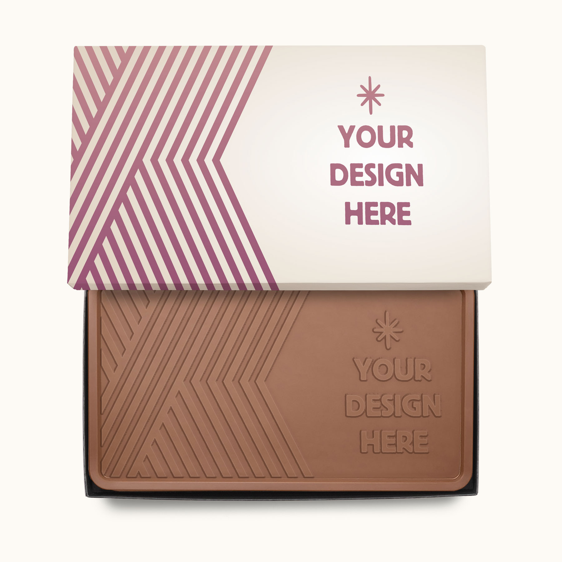 8oz engraved chocolate bar in luxury packaging featuring a customizable Your Design Here chocolate design