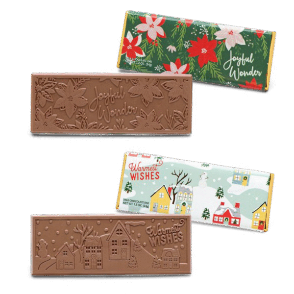 Holiday Mixed Case of 2"x5" Themed Milk Chocolate Wrapper Bars - Case of 50