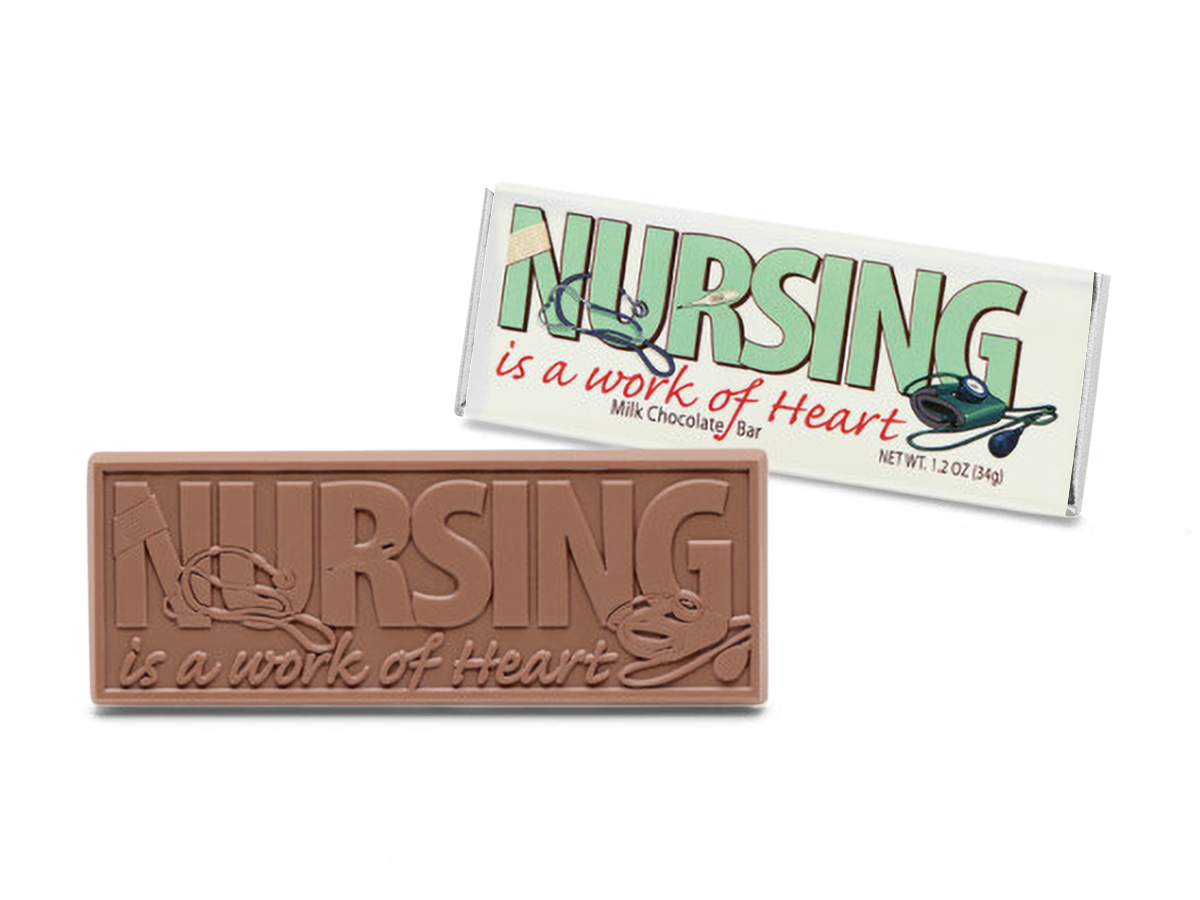 2"x5" Milk Chocolate Wrapper Bar - Nursing is a work of heart. - Case of 50