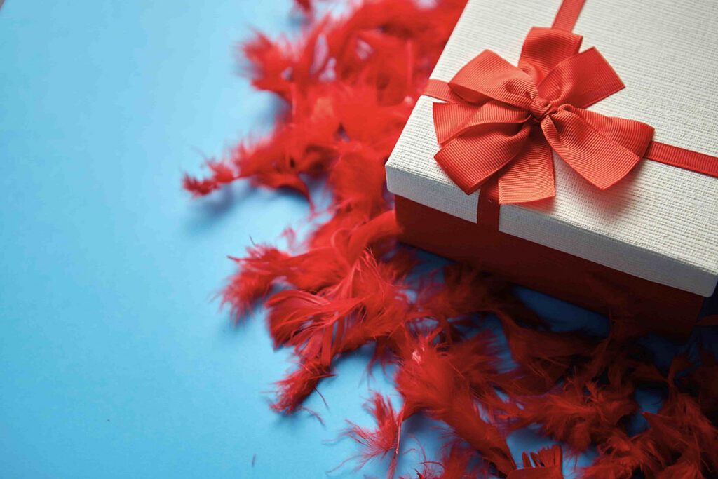 Canada Day holiday gift for client wrapped in a red bow sitting atop a bed of red decorations