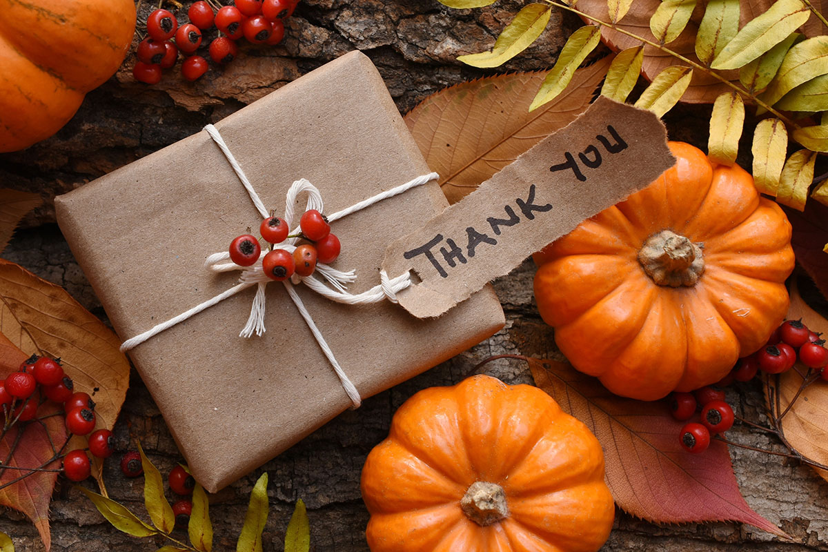 Thanksgiving holiday business gift surrounded by pumpkins and autumn decorations