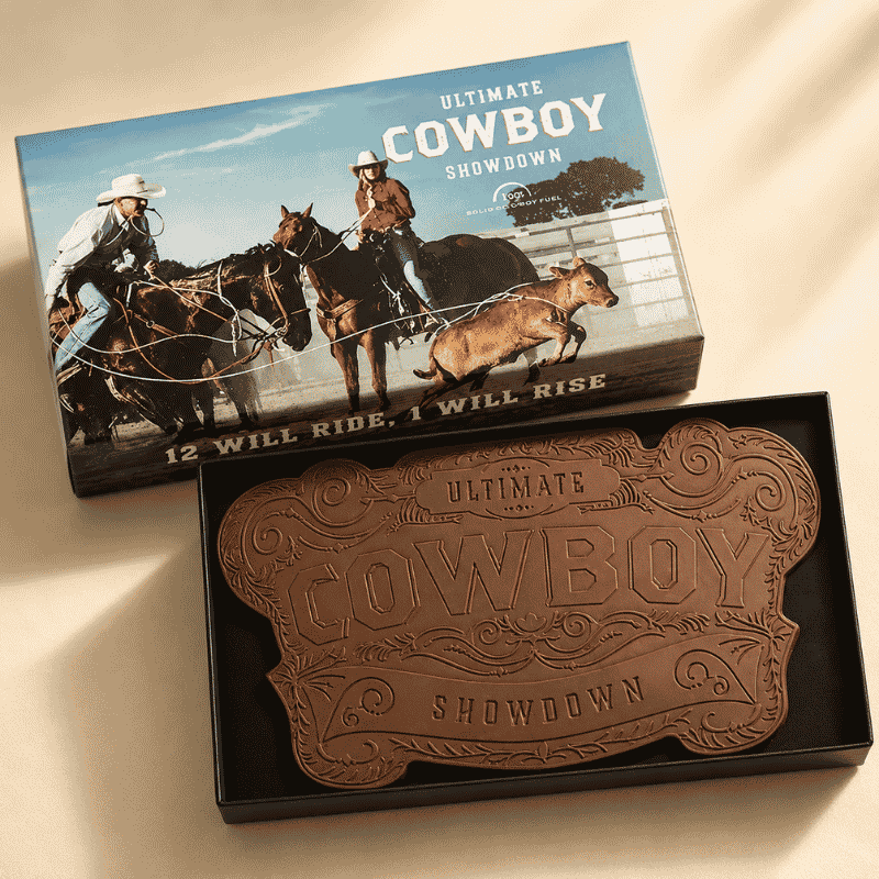 Custom cowboy-shaped engraved chocolate with matching personalized gift box