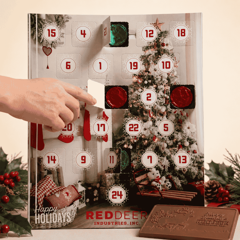 Custom branded holiday chocolate advent calendar with personalized packaging and daily chocolate treats