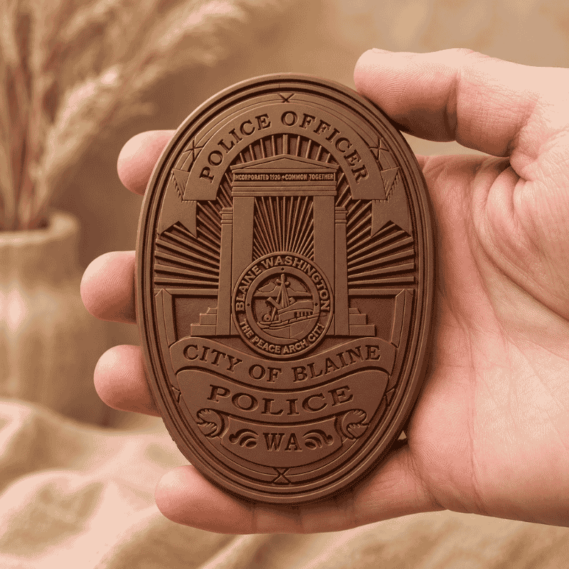 Custom badge-shaped chocolate engraved with detailed artwork for recognition gifts and commemorative events