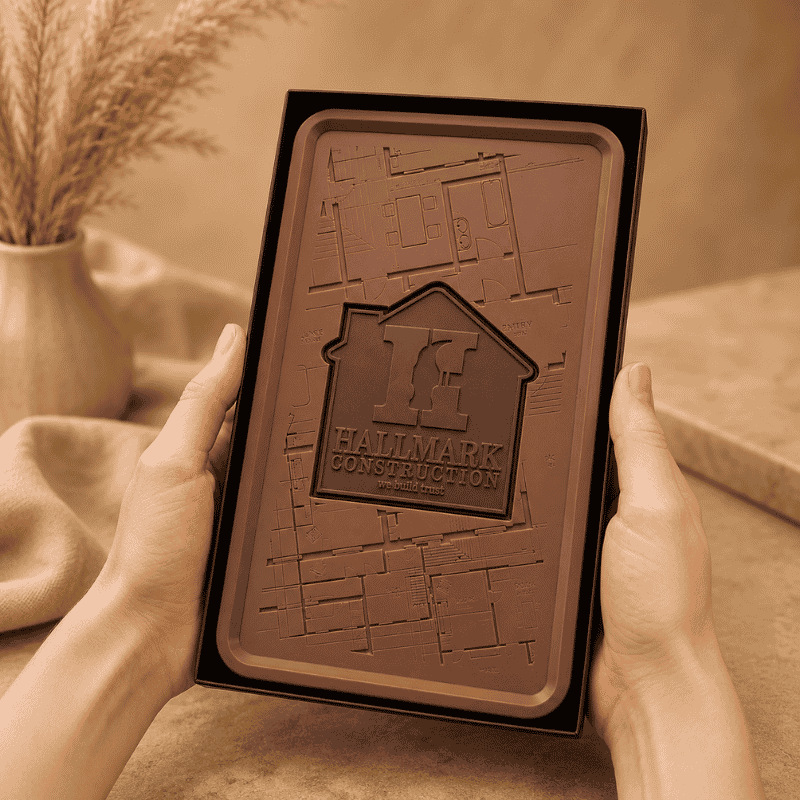 Large custom engraved chocolate plaque featuring a construction-themed design in premium gift packaging