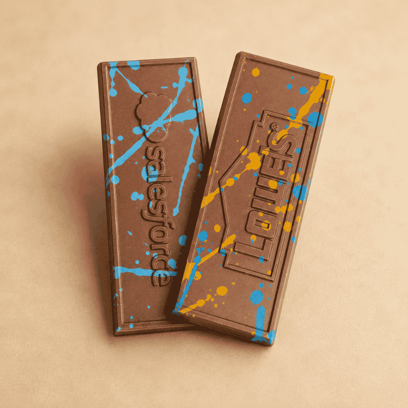 Two custom chocolate bars with full-color printed chocolate designs and personalized branding