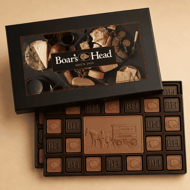 Custom chocolate ensemble gift box with engraved chocolate pieces and personalized branded packaging