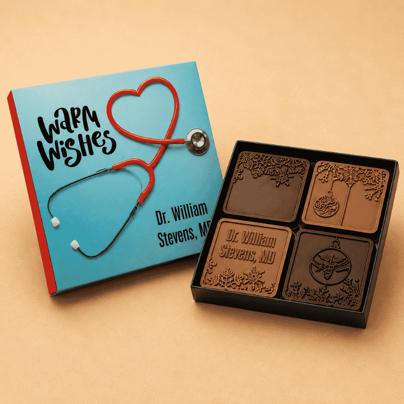 Custom chocolate gift box with personalized packaging and engraved chocolates for healthcare appreciation gifts