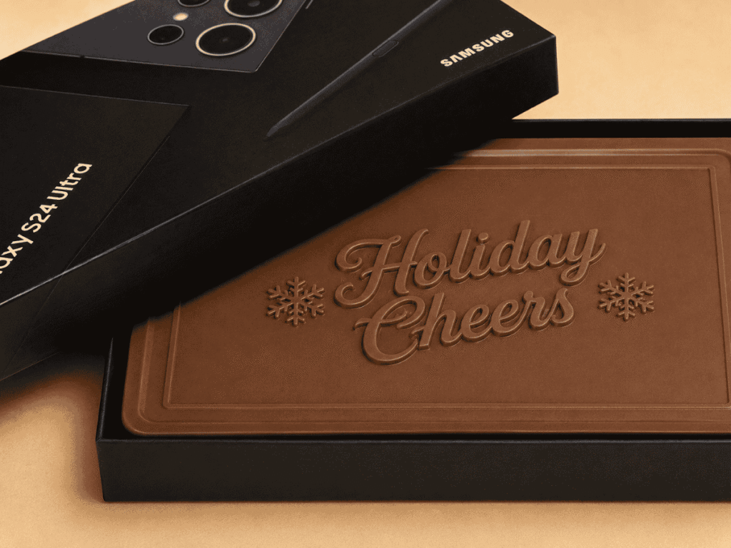 Custom engraved holiday chocolate bar with personalized Holiday Cheers message