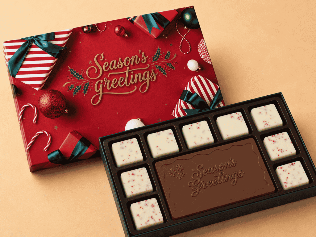 Custom holiday chocolate gift box with personalized packaging and engraved chocolate assortment