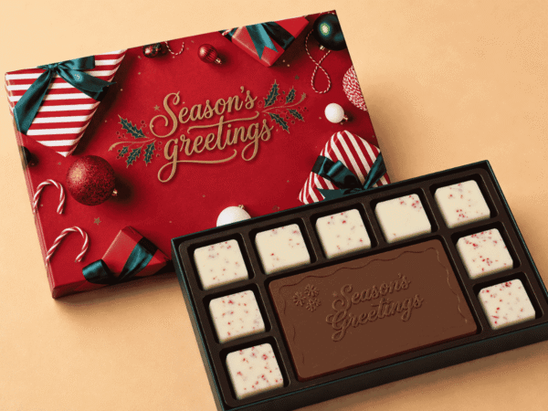 Custom holiday chocolate gift box with personalized packaging and engraved chocolate assortment