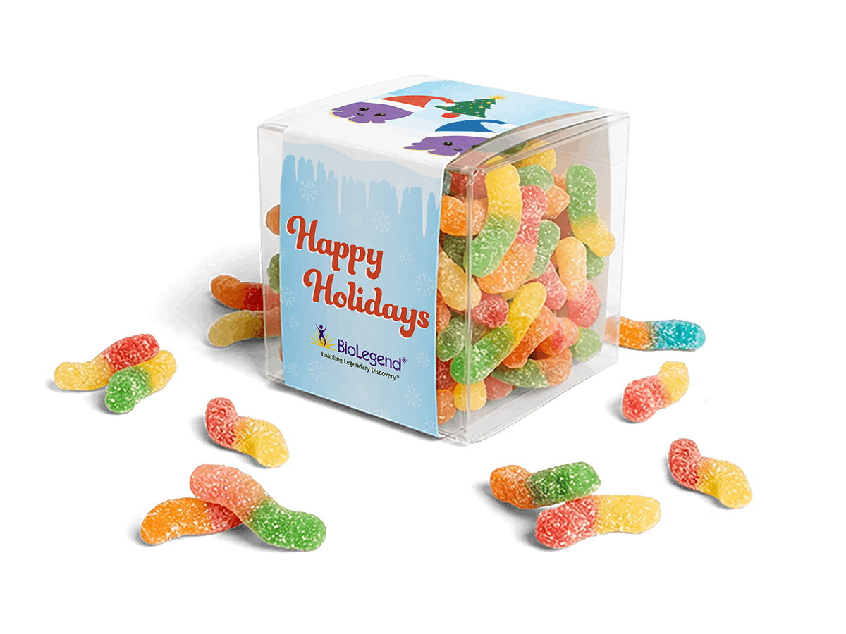 Custom-sleeve Gummy Candy Cube with colorful Holiday themed design