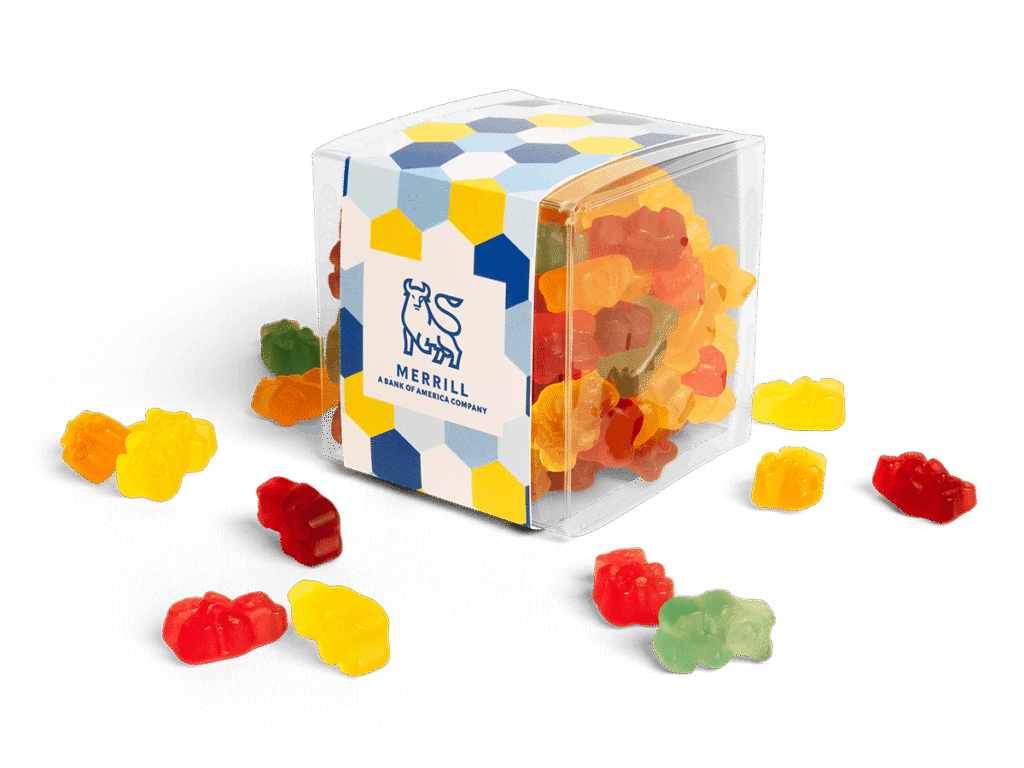 Custom-sleeve Gummy Bear Cube with Merrill branded design