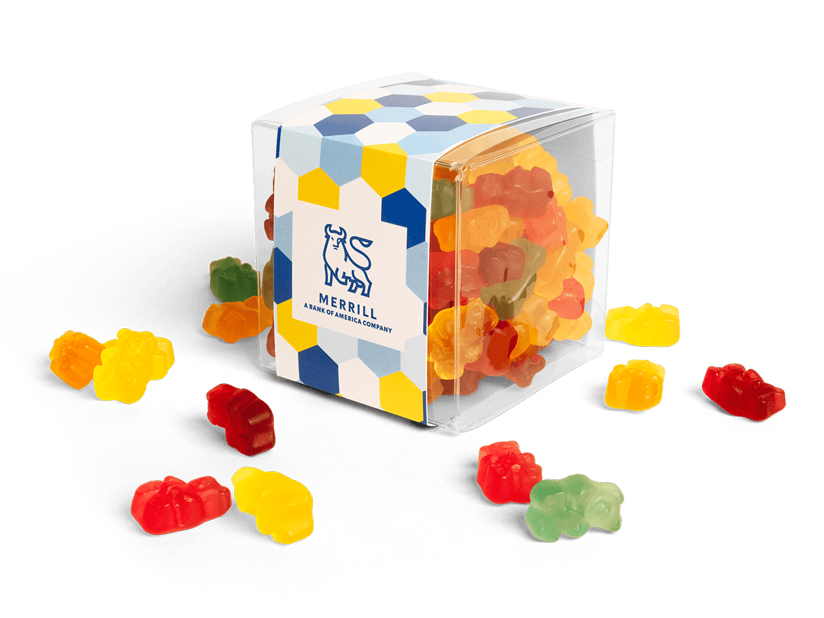 Custom-sleeve Gummy Bear Cube with Merrill branded design