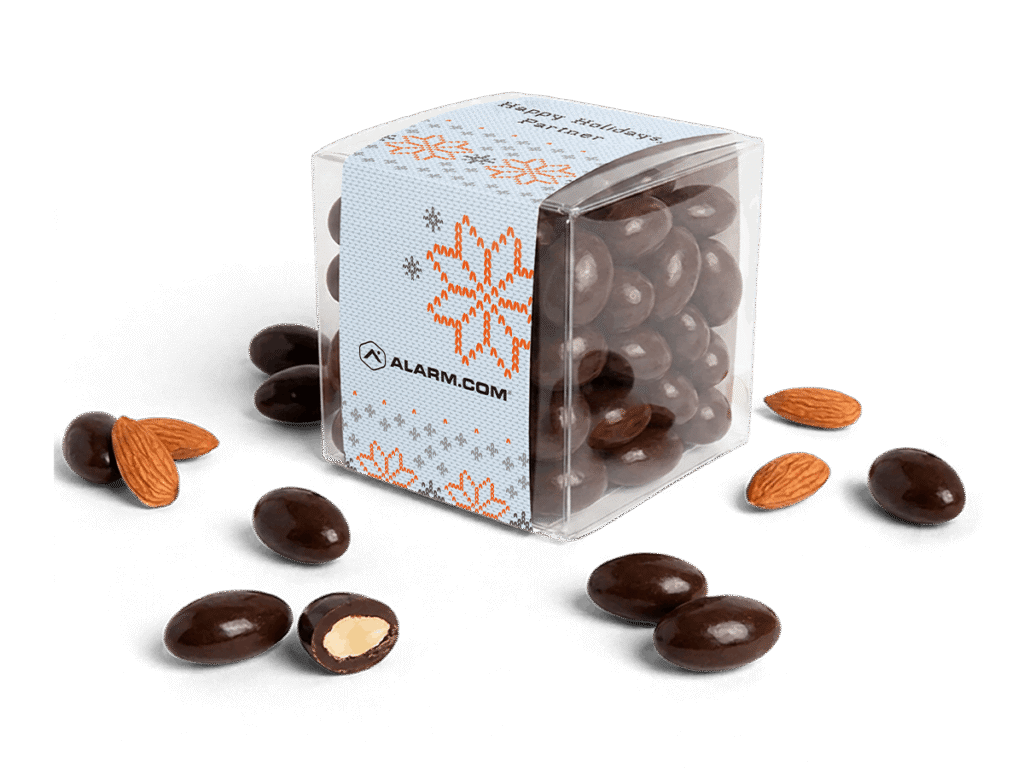 Custom-sleeve Chocolate-Covered Almonds Cube with Alarm branded design