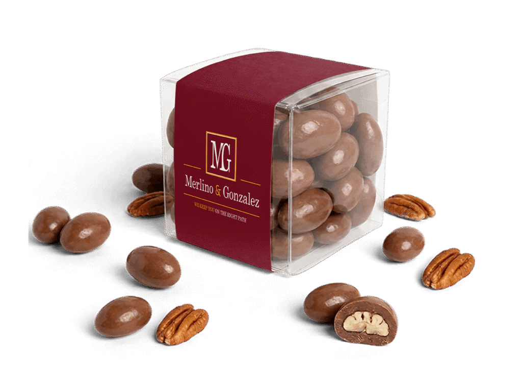 Custom-sleeve Chocolate-Covered Nuts Cube with Merlino branded design