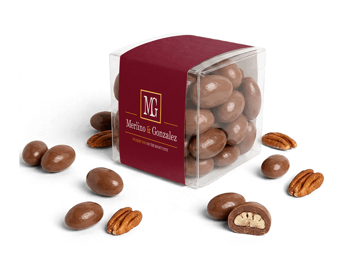 Custom-sleeve Chocolate-Covered Nuts Cube with Merlino branded design
