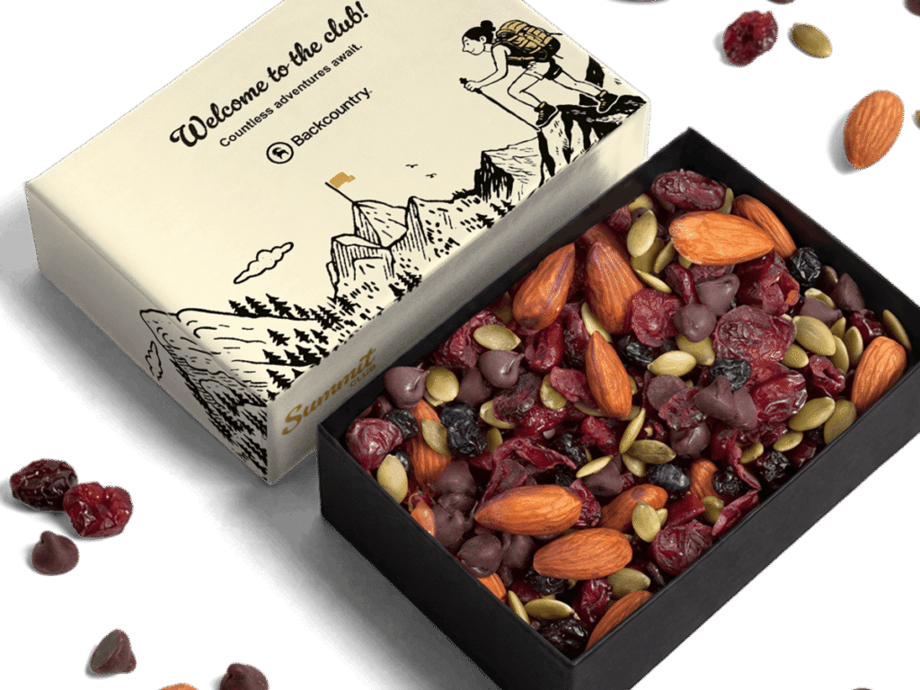 Custom-lid Very Berry Antioxidant Trail Mix Box with Backcountry themed design