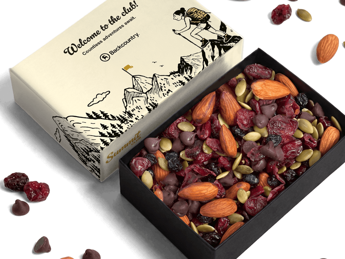 Custom-lid Very Berry Antioxidant Trail Mix Box with Backcountry themed design