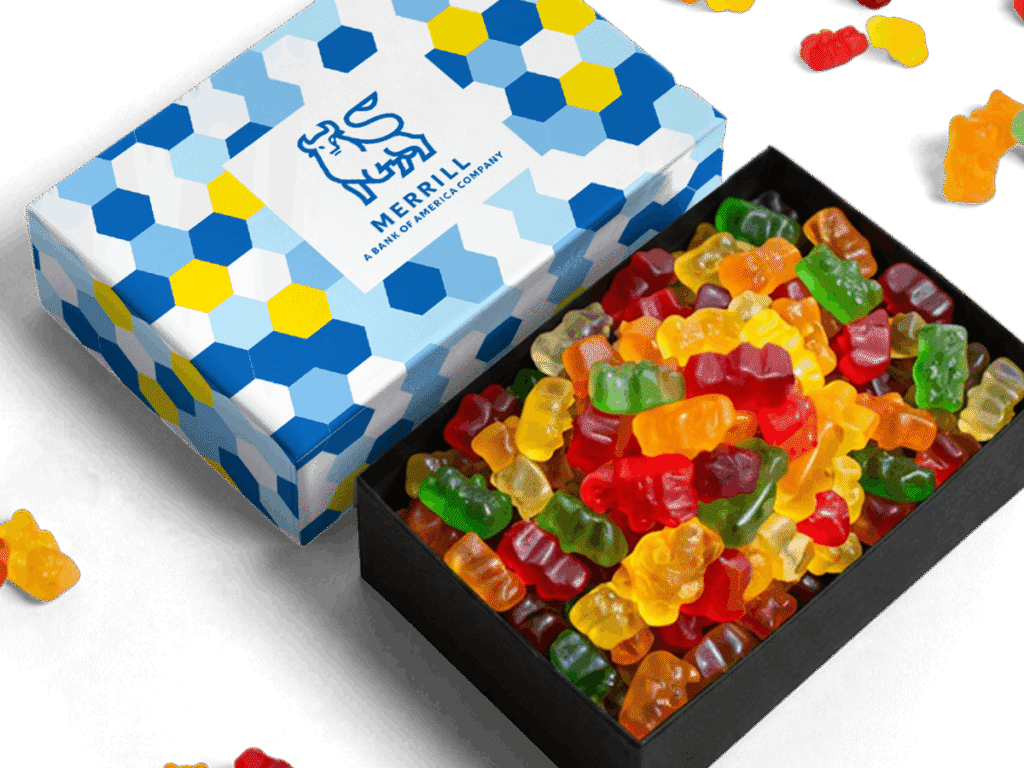 Custom-lid Gummy Bear Box with Merrill branded design