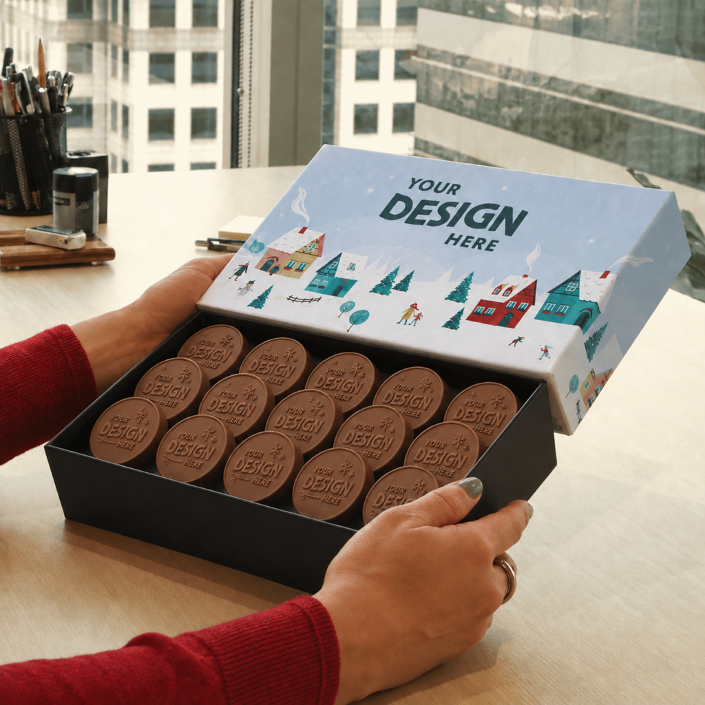 Custom engraved chocolates in a personalized holiday gift box displayed in an office setting.