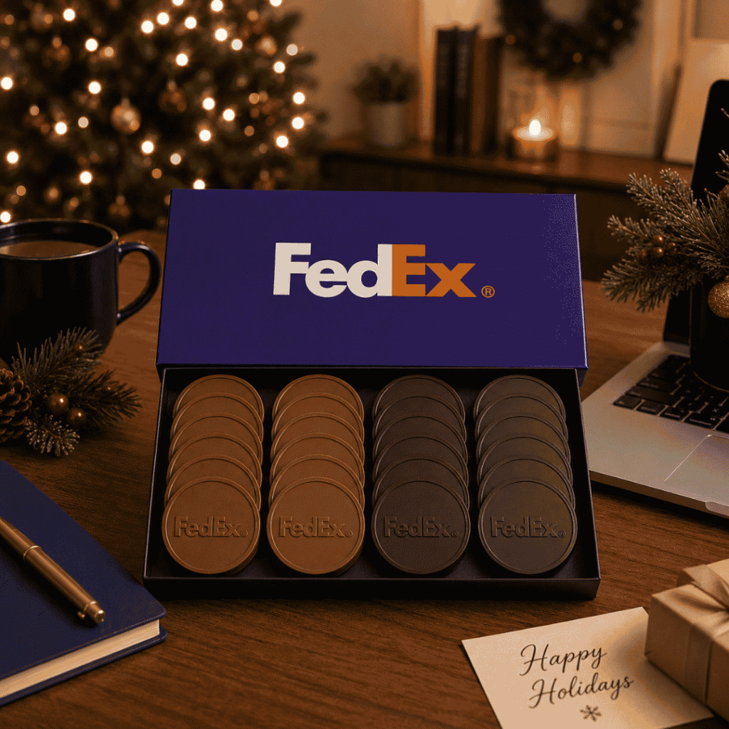 Custom FedEx chocolate gift box with engraved chocolate pieces displayed on a festive Christmas office desk.