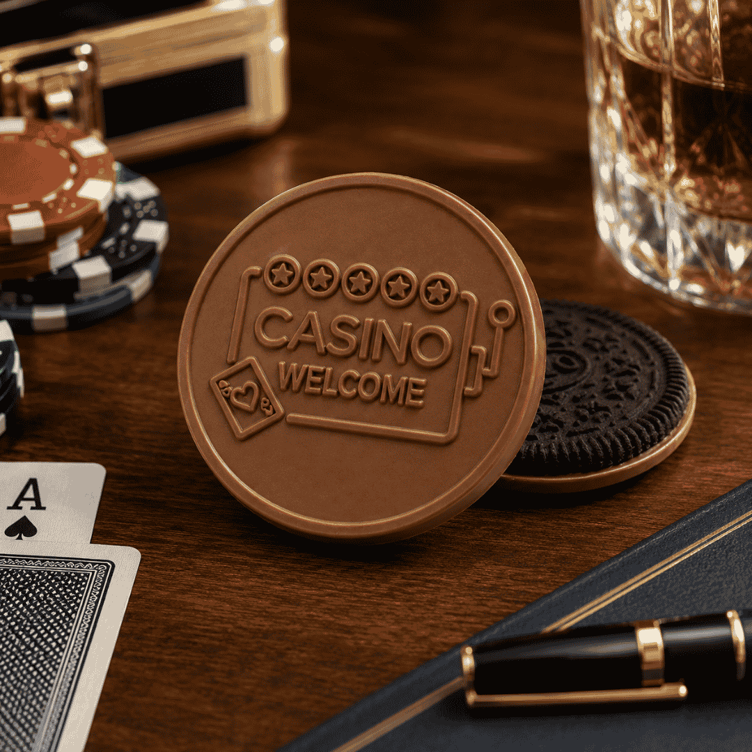 Custom casino-themed chocolate-covered cookie engraved with a welcome design, styled with playing cards and poker chips