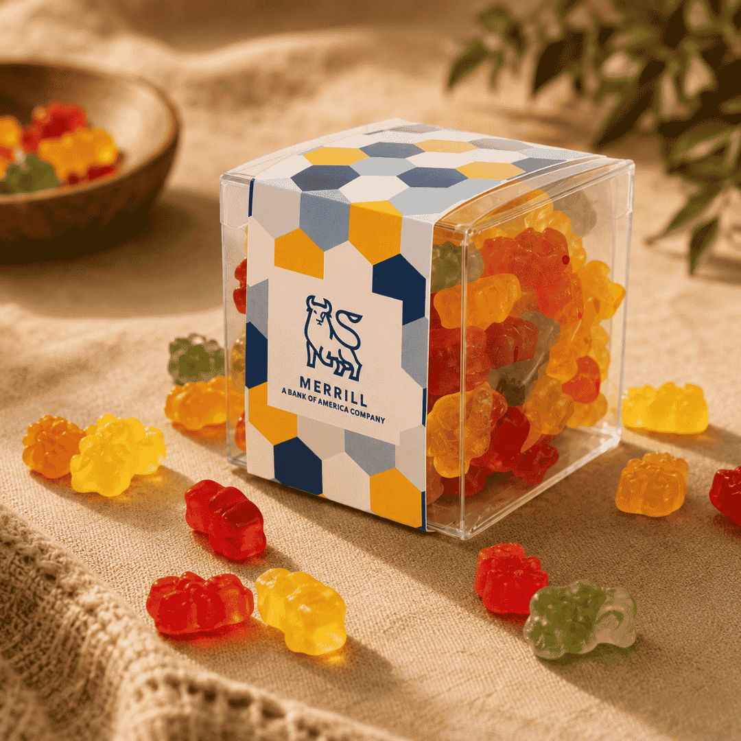 Custom-Sleeve Gummy Bear Cube – 8oz, Full Color Wrap in a holiday setting