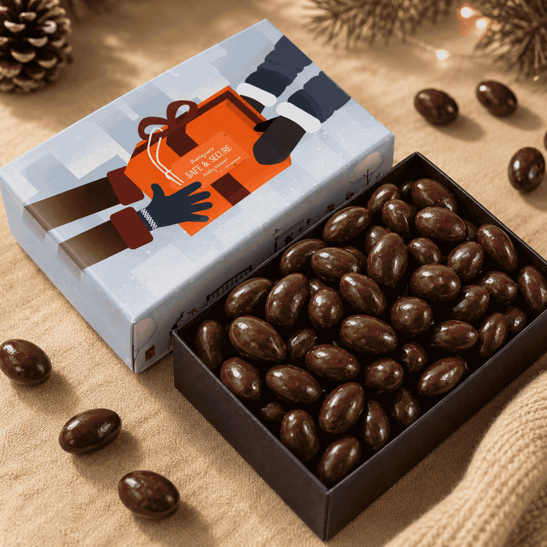 Custom-Lid Chocolate-Covered Almond Box – 12oz, 4×6 in a holiday setting