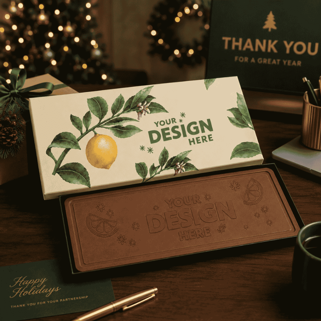 Custom chocolate bar with personalized packaging displayed as a corporate holiday gift