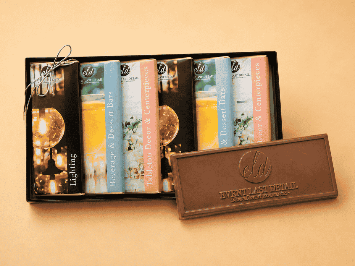 Six-pack custom engraved chocolate bar gift set with personalized wrappers