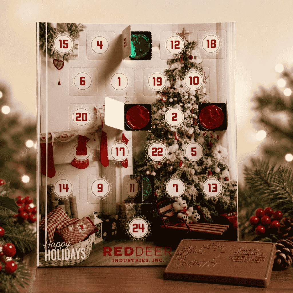 Custom branded chocolate Advent calendar with premium chocolate in a festive corporate Christmas setting.
