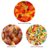 Close-up of colorful gummy cola bottle candies, gummy bears, and gummy worms