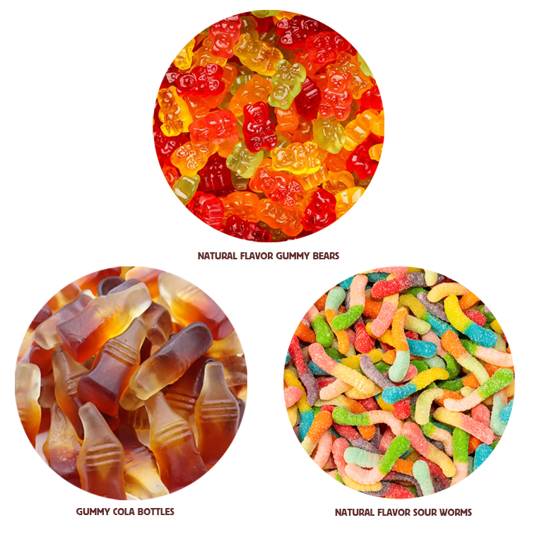 Close-up of colorful gummy cola bottle candies, gummy bears, and gummy worms