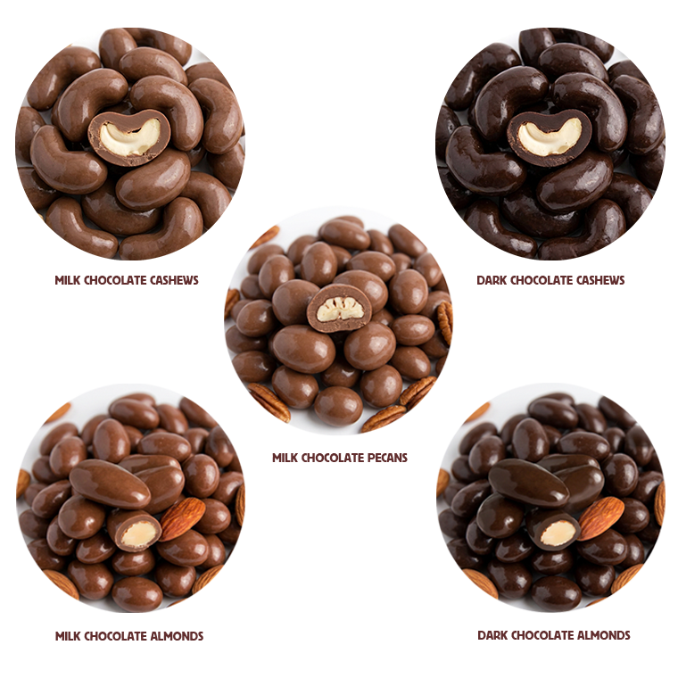 milk chocolate and dark chocolate options for covered almonds, pecans and cashews
